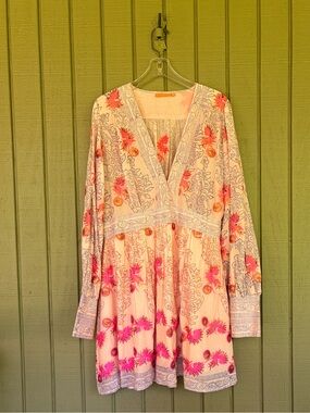 Oliphant V-Neck Block Print Long Balloon Sleeve Cotton Dress XL
